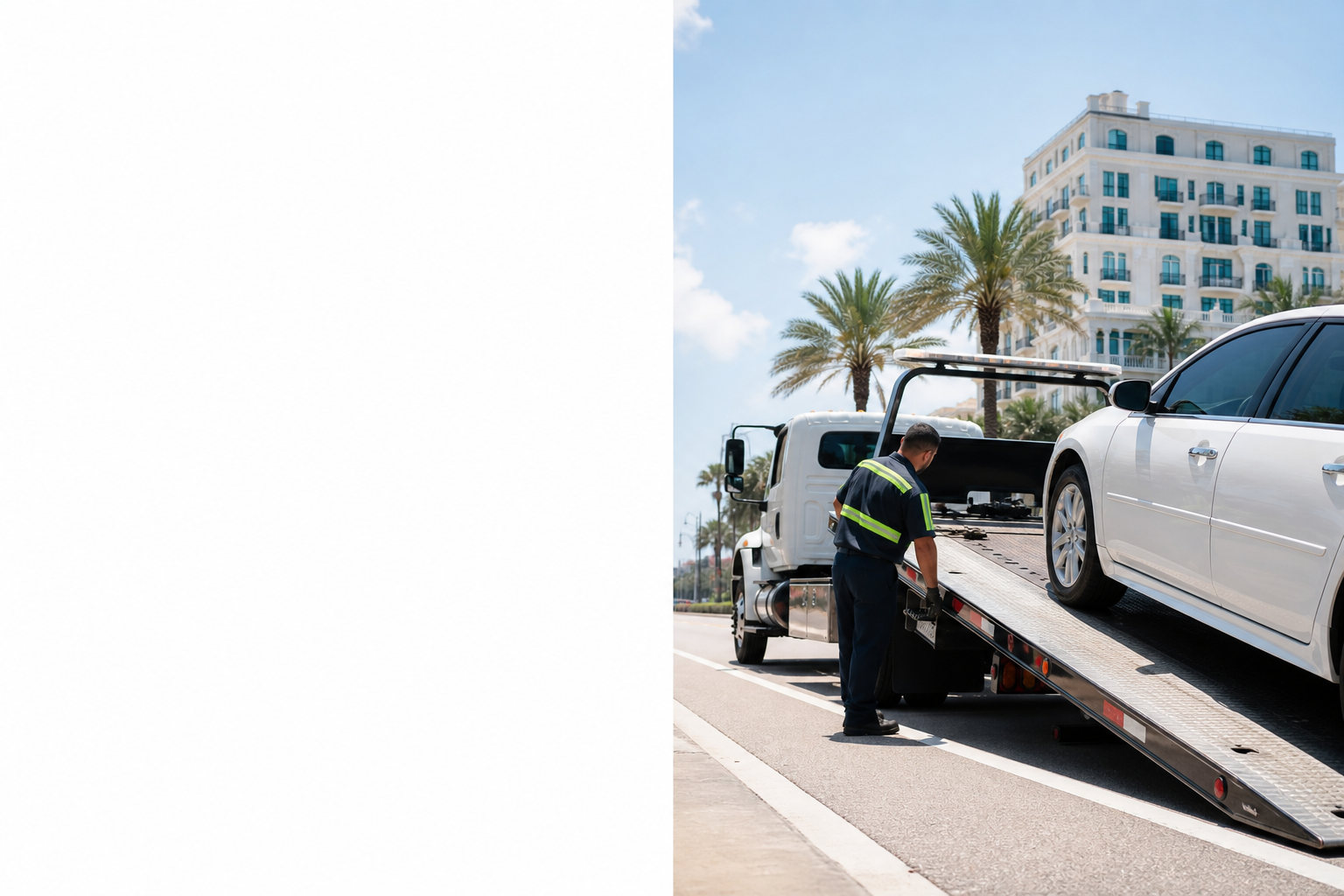 Tow truck transporting a passenger vehicle in bright Florida daylight