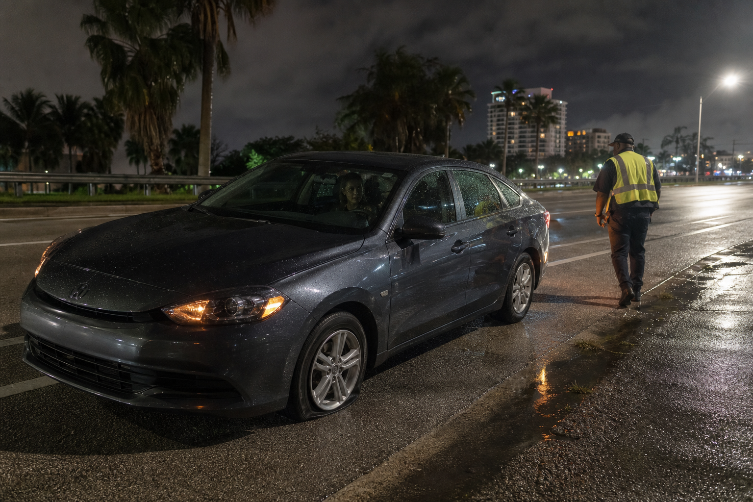 Driver waiting inside a disabled sedan parked away from traffic on a wet West Palm Beach road at night